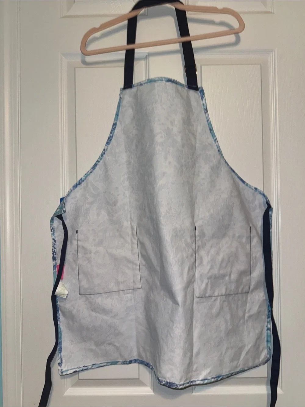 Lilly Pulitzer Light Blue Toile Apron with Navy Pockets and Gold Script